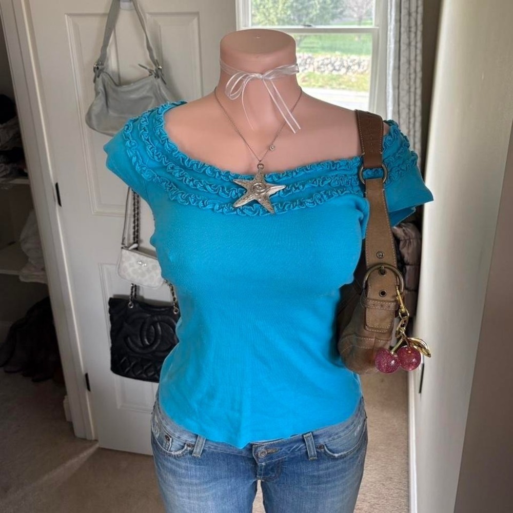 y2k 2000s blue off shoulder ruffled trim cotton top